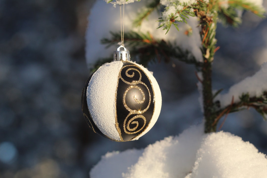 selective focus photography of black and white bauble