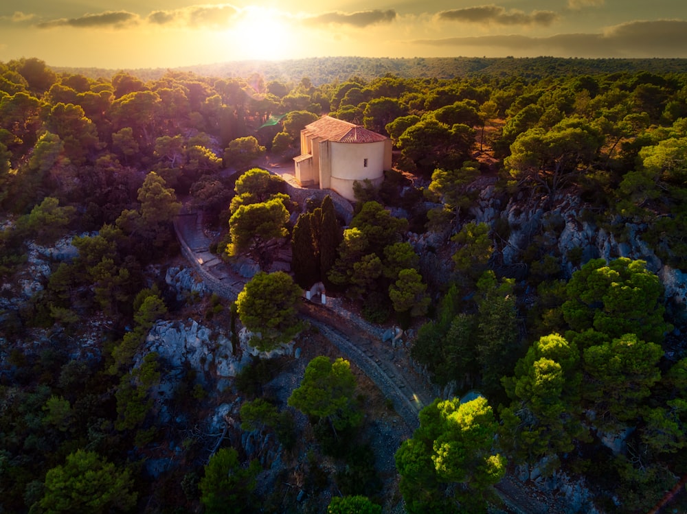 an aerial view of a house surrounded by trees