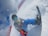 A snowboarder is captured during an intense action moment on a snowy slope. The person is wearing a helmet, colorful reflective goggles, and winter attire including a grey jacket and blue pants. Snow is flying around, indicating speed and movement, and a red snow barrier is visible along the slope.
