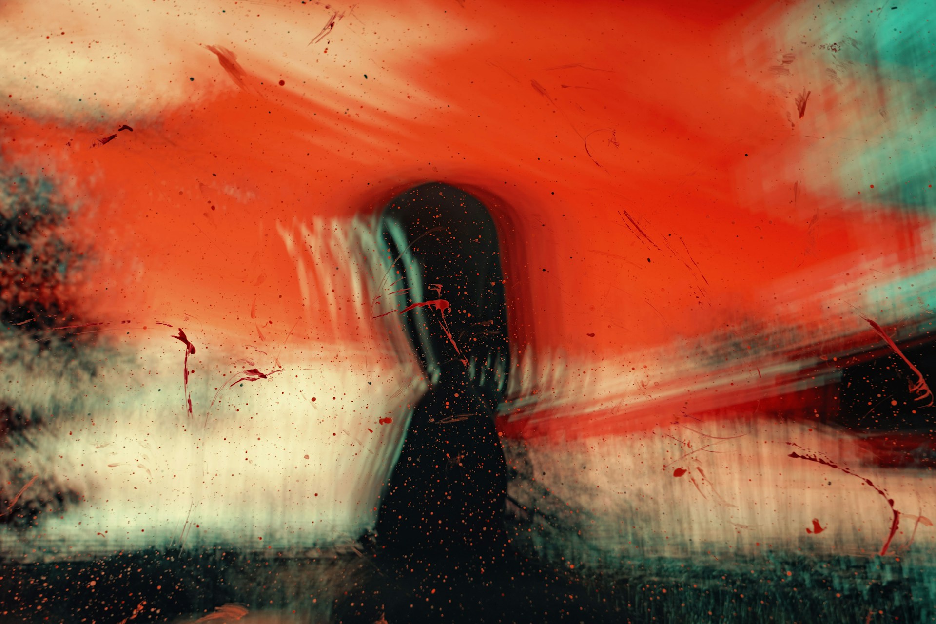 a painting of a person standing in front of a red sky