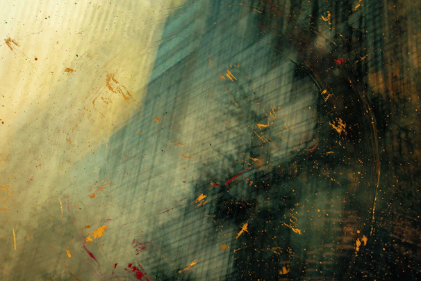 Abstract city skyline in rich amber and gold tones with fluid brushstrokes evoking jazz rhythms