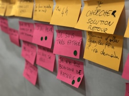 A collection of sticky notes are attached to a wall. Yellow and pink notes feature handwritten text in French. Some phrases are stressed, indicating important points or concerns.