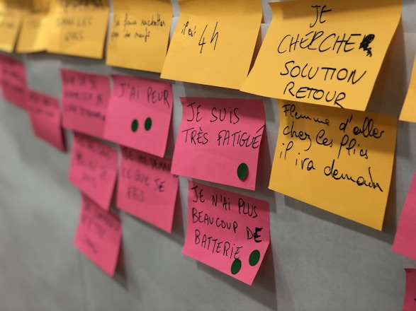 A collection of sticky notes are attached to a wall. Yellow and pink notes feature handwritten text in French. Some phrases are stressed, indicating important points or concerns.
