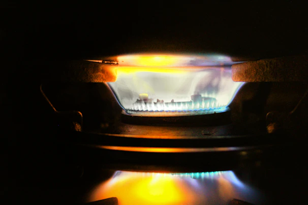 Close-up of a gas stove burner with blue flames lit, showing precise control