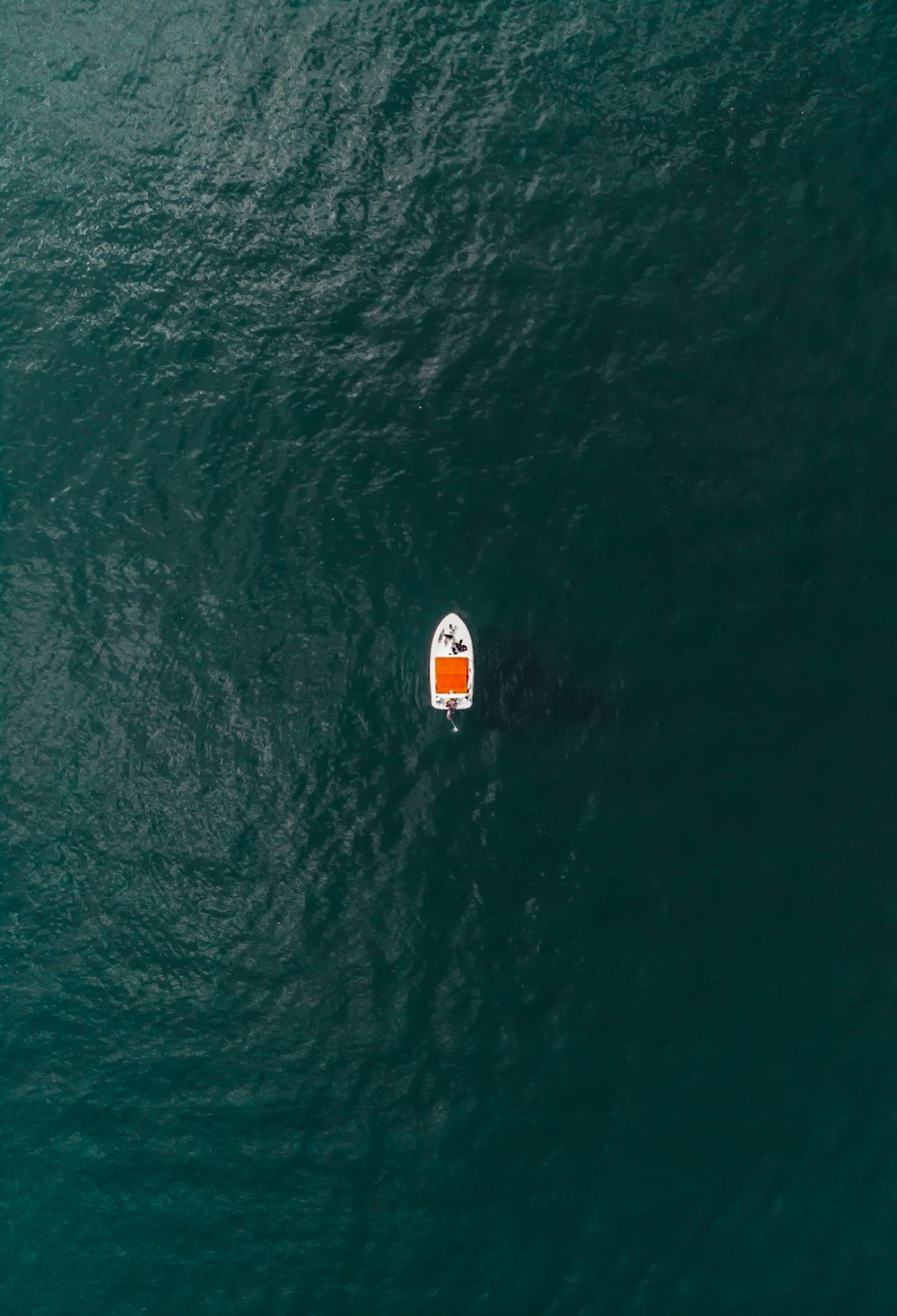 海の真ん中に浮かぶ白とオレンジのヨット