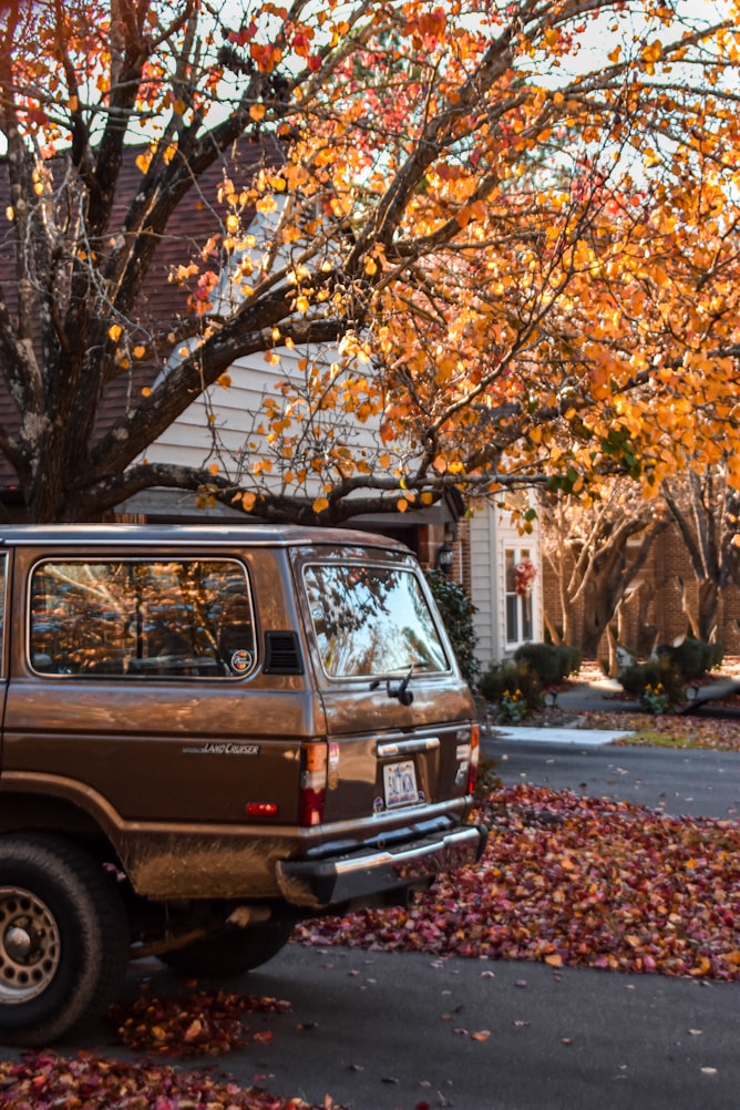 Land Cruiser with NC plates parked in front of an autumn scene.