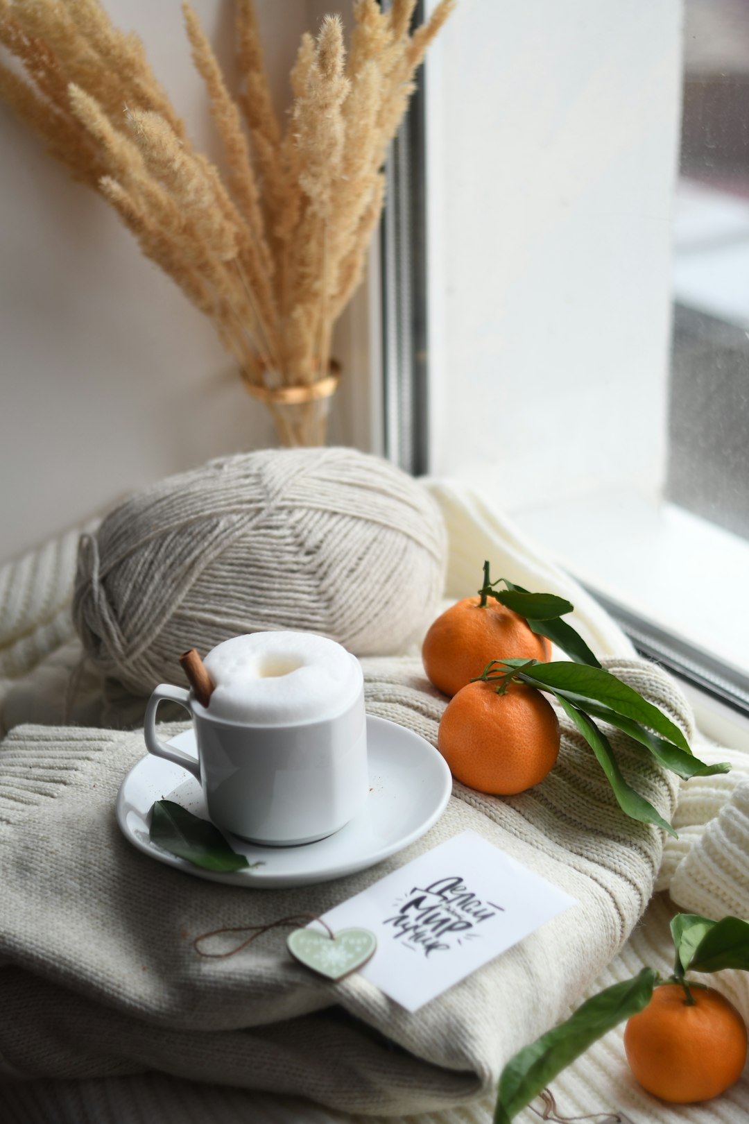 mug and citrus fruits on window