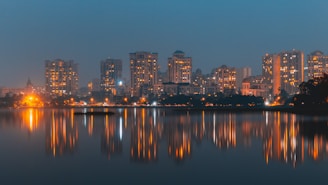city with high-rise buildings near body of water during night time