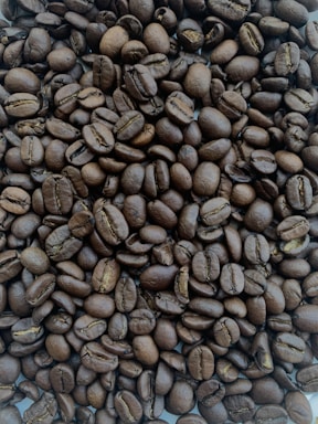 A close-up view of a large pile of roasted coffee beans. The beans are uniformly dark brown, with visible creases and a shiny surface indicating freshness and oil.