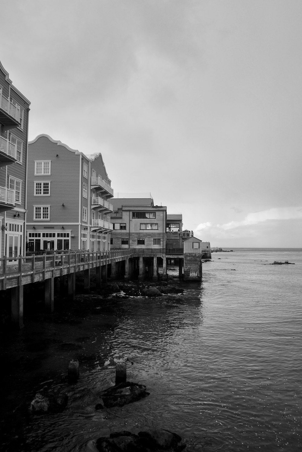 grayscale photography of houses and buildings near body of water