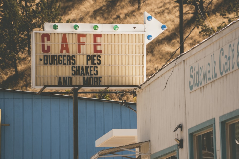 Cafe Burgers Pies Shakes and More signage