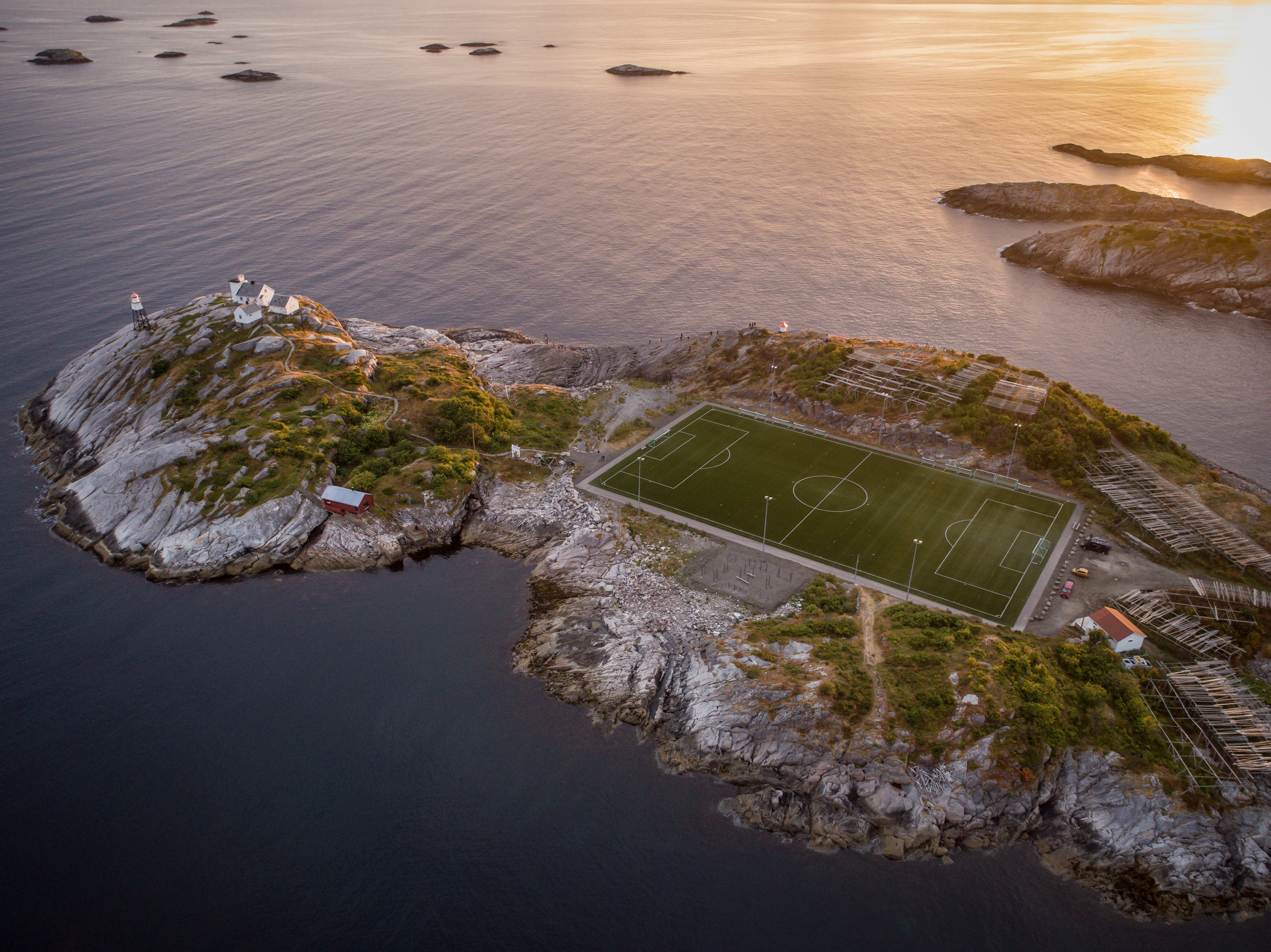 aerial photography of soccer field on island