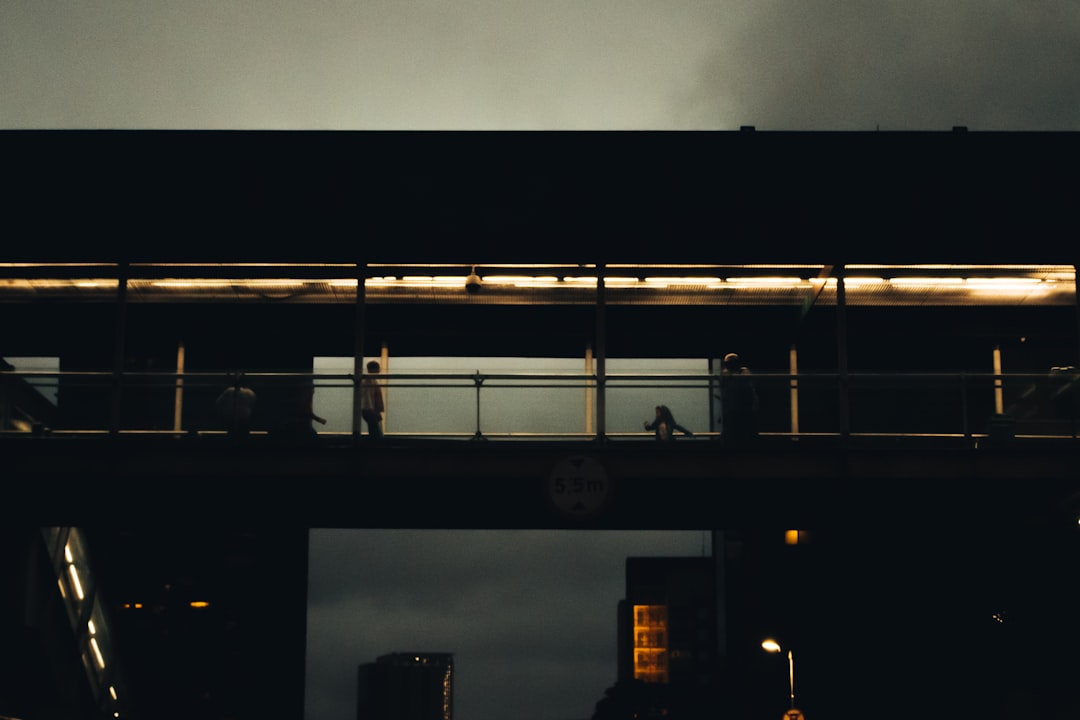 two persons on bridge during night