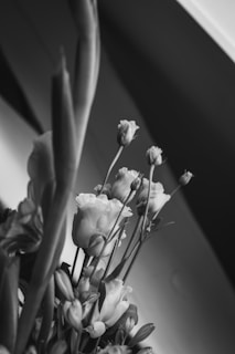 A monochromatic photograph capturing a bouquet of flowers with tall, slender stems and delicate petals. The image is angled, giving a dynamic perspective that highlights the intricate textures and contrasts of the flowers and their leaves.