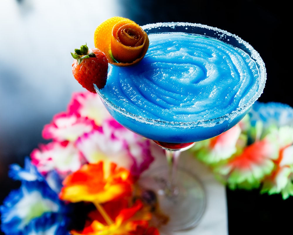 blue cocktail with strawberry