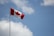 A Canadian flag is flying on a flagpole against a backdrop of a blue sky with scattered clouds. The flag displays a red maple leaf in the center, with red bars on either side.