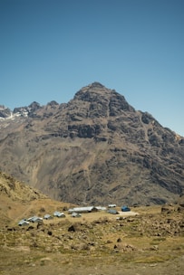 A small settlement with scattered buildings is situated at the foot of a rugged and imposing mountain range. The terrain is mostly barren with sparse patches of grass and rocks. The sky is clear and blue, contributing to a serene and remote atmosphere.
