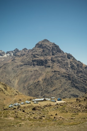 A small settlement with scattered buildings is situated at the foot of a rugged and imposing mountain range. The terrain is mostly barren with sparse patches of grass and rocks. The sky is clear and blue, contributing to a serene and remote atmosphere.