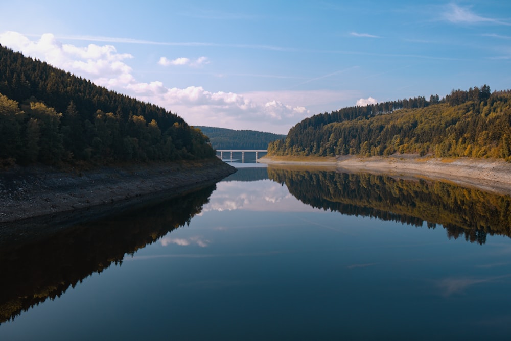 specchio d'acqua blu circondato da alberi verdi sotto il cielo blu e bianco durante il giorno