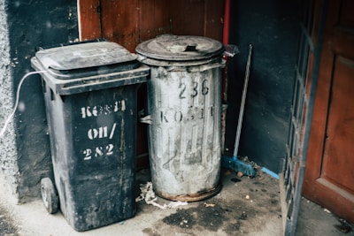 Two trash bins, one black plastic with a rectangular lid and the other a metallic barrel, are placed next to each other against a dark wall. A red wooden door and a broom are visible nearby, with scattered debris and dirt on the ground.
