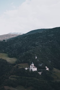 A whimsical fantasy castle nestled in lush green woods under a bright blue sky.