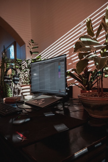 A serene workspace with a laptop displaying the auralebe wellness platform, surrounded by plants and soft natural light.