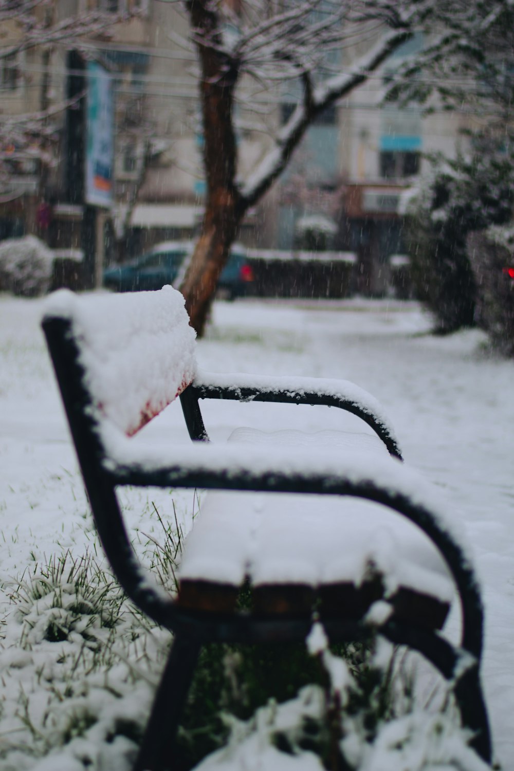 Black bench covered in snow