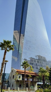 A tall, modern skyscraper with a glass facade reflecting nearby buildings and the sky. Surrounding the base of the building, there are several palm trees and a two-story structure with a red-tiled roof. The scene combines urban architecture with natural elements.