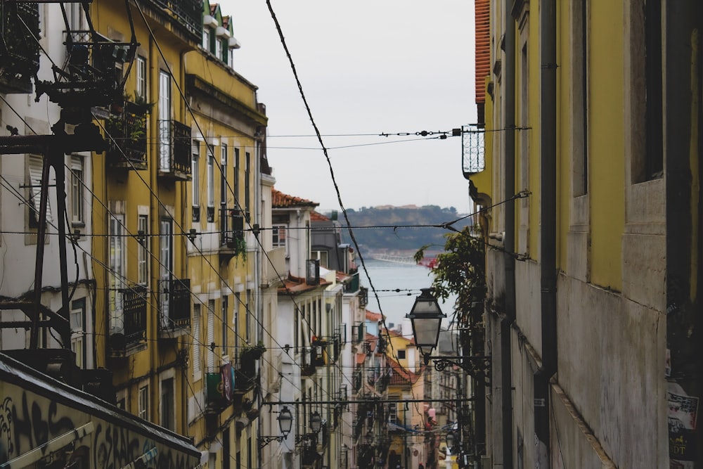 a view of a street with buildings and a body of water in the distance