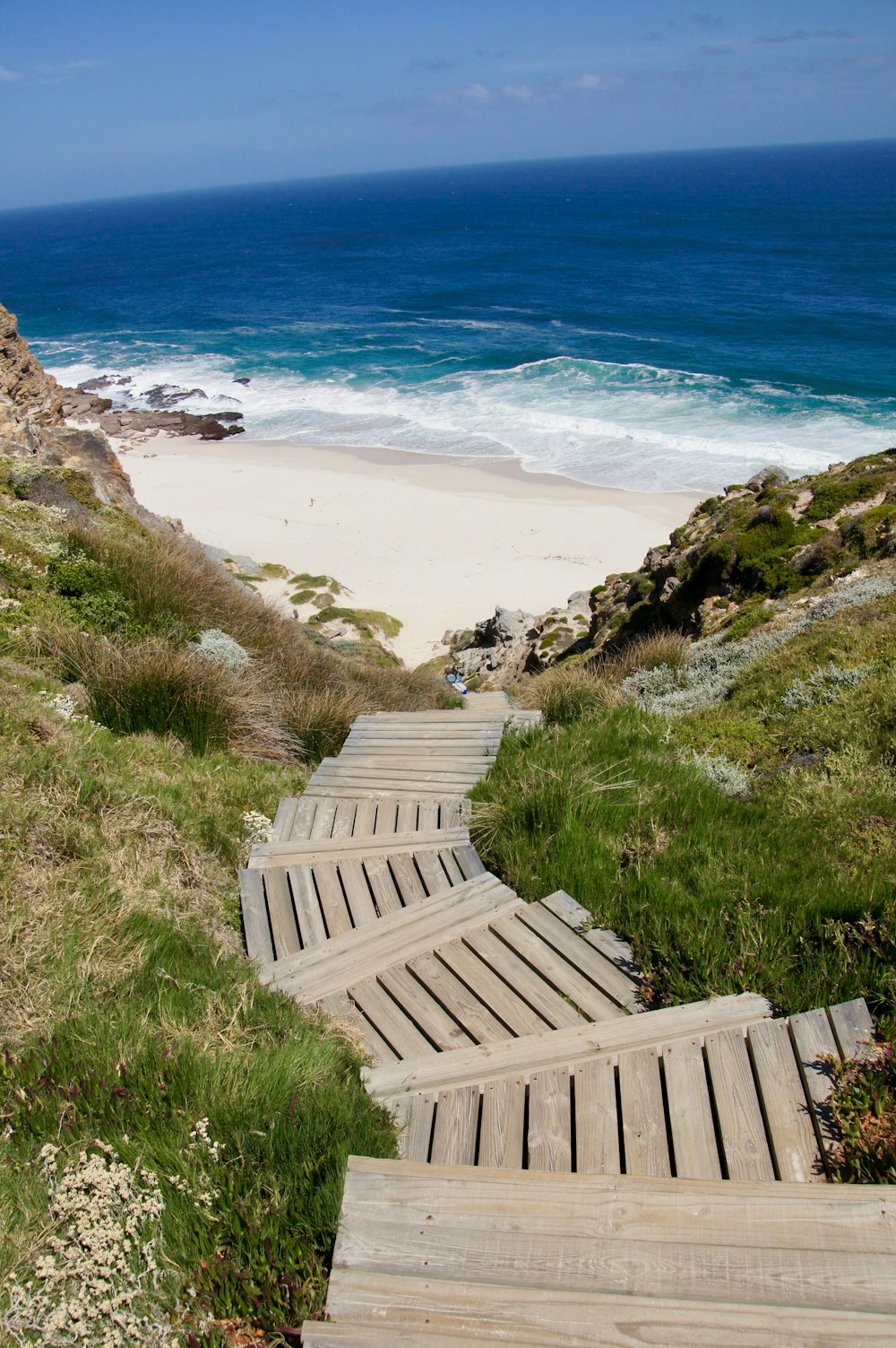 brown wooden stairs to blue ocean