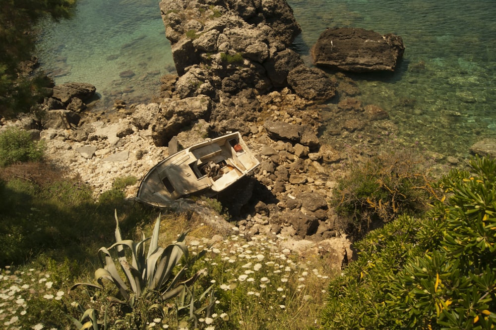 beige boat on rock