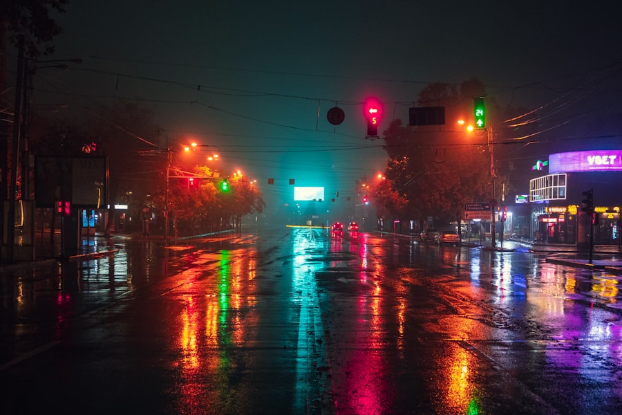 Rain-soaked neon street at night