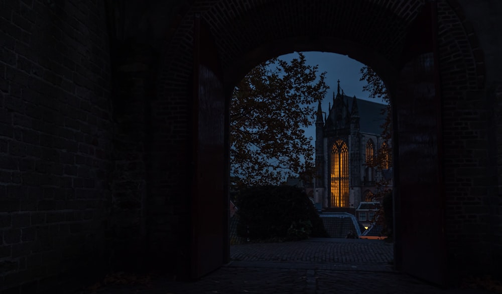 silhouette of building and tree