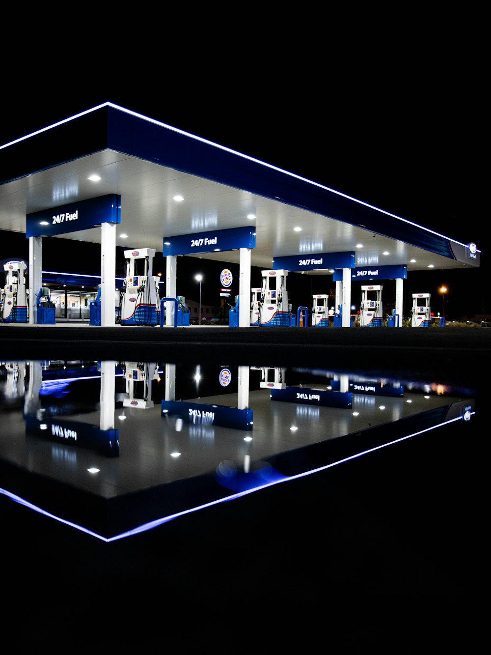 blue and white gasoline station