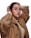 A portrait of a person with dark hair neatly tied back, wearing a light brown jacket with metallic buttons. The pose includes one hand positioned behind the head, conveying a confident and poised demeanor. The facial expression is calm and self-assured.