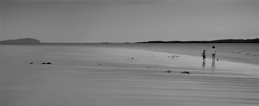 Foto in scala di grigi di persone che camminano in riva al mare