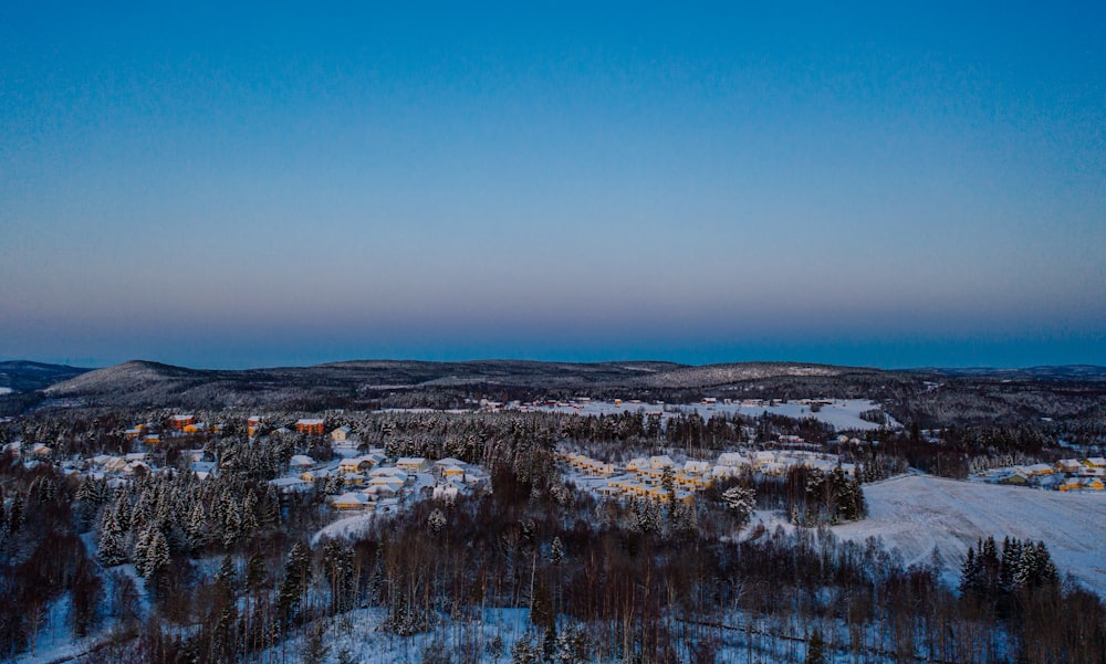 bird's-eye view photo of village covered by snow