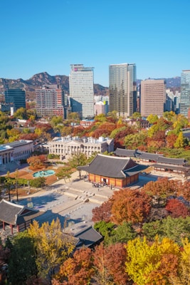 A scenic urban landscape featuring a blend of traditional and modern architecture. In the foreground, vibrant autumn foliage surrounds a traditional Korean palace complex with ornate buildings and a courtyard. In the background, tall modern skyscrapers rise against a backdrop of mountains under a clear blue sky.