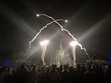 A nighttime view of the Magic Kingdom fireworks lighting up the sky above the castle.
