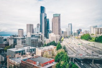 Business district with skyscrapers and busy streets