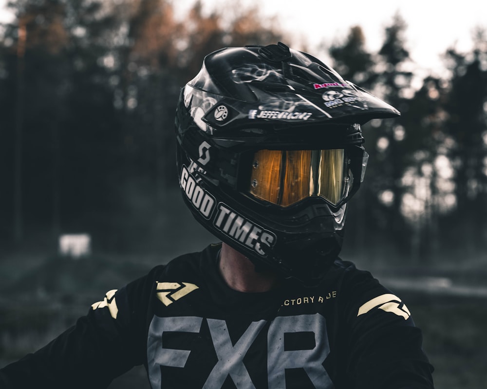 person wearing black full-face helmet