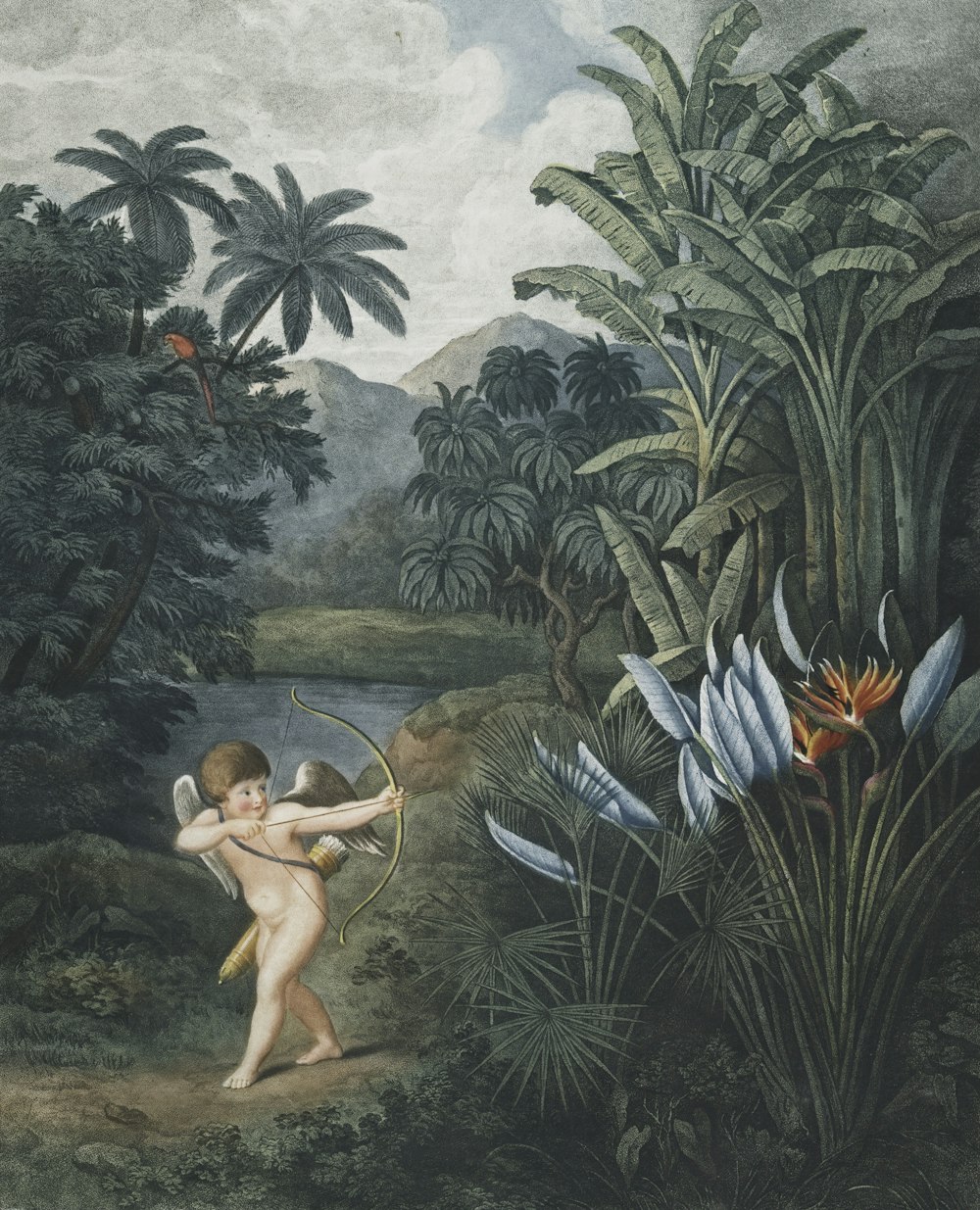 cherub holding bow and arrow near orange petaled flower painting
