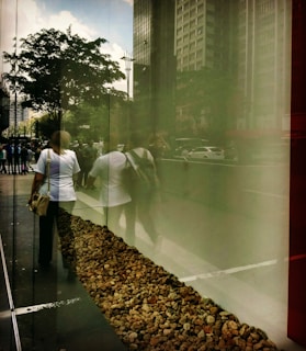 A reflection of people walking along a city street can be seen in a glass storefront. The reflection shows a busy urban environment with several pedestrians, buildings, and cars. There are also rocks visible through the glass panel, adding texture and dimension. A large tree is reflected on the glass, providing a contrast to the modern architecture.