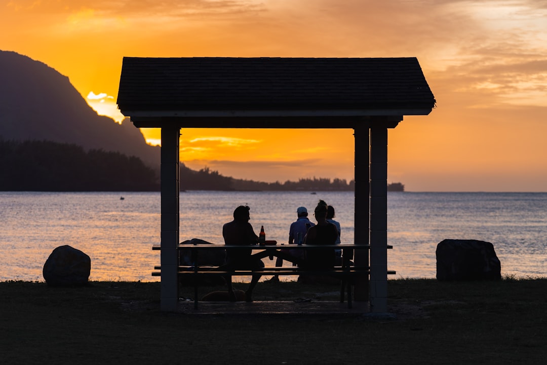 people sitting on gazebo near body of water during sunset