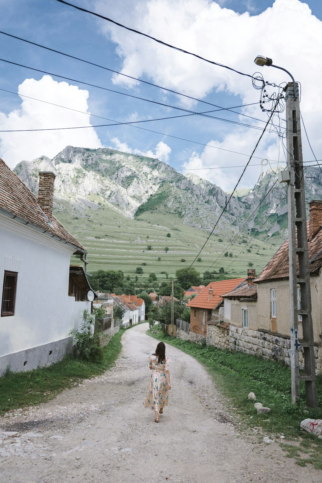 woman walking on pathway surrounded with house