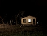 A small, dimly lit house stands isolated amidst trees in a dark, rural setting. The windows are slightly illuminated from inside, providing the only light source in the otherwise shadowy and somber atmosphere.