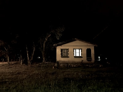 A small, dimly lit house stands isolated amidst trees in a dark, rural setting. The windows are slightly illuminated from inside, providing the only light source in the otherwise shadowy and somber atmosphere.