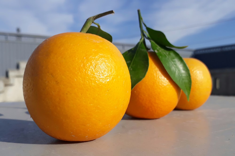 three round orange fruits on gray table