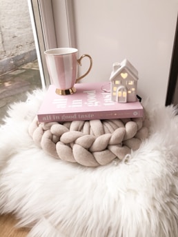 mug and house miniature on book