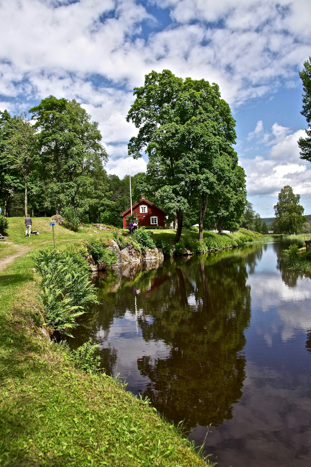 brown wooden house on green field surrounded with green trees near body of water under white and blue sky